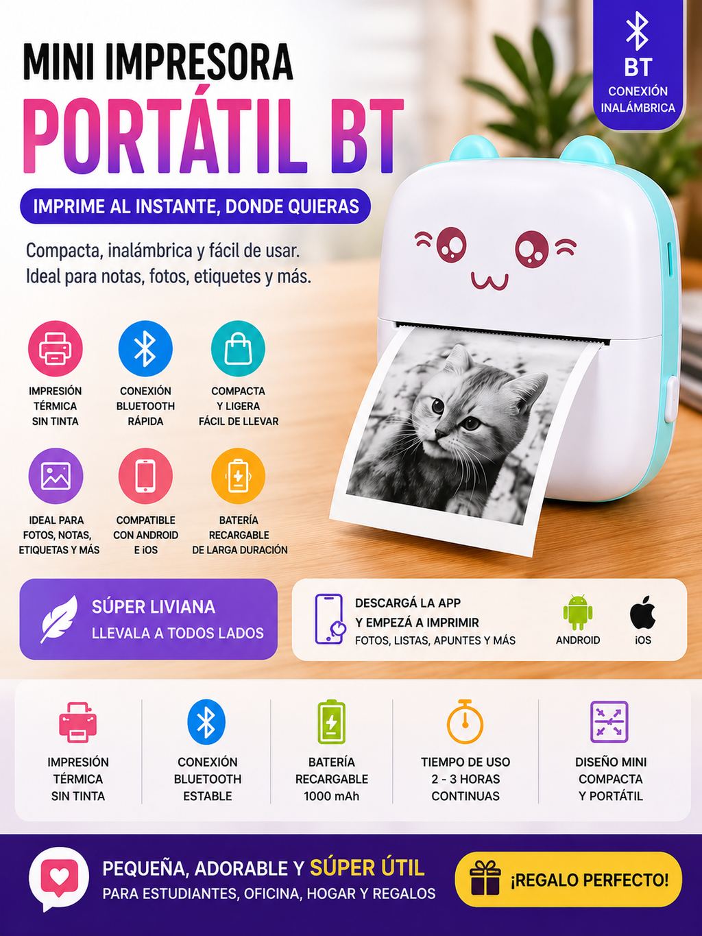 Mini Impresora Térmica · Bluetooth · Sin Tinta · Kawaii