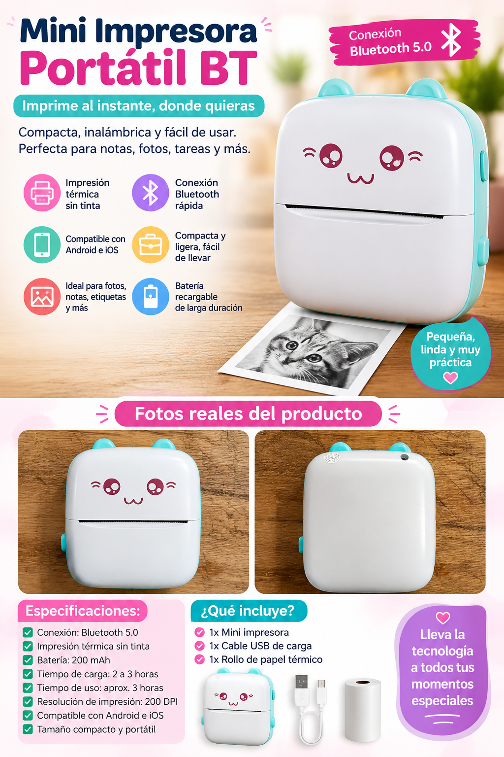 Mini Impresora Térmica · Bluetooth · Sin Tinta · Kawaii